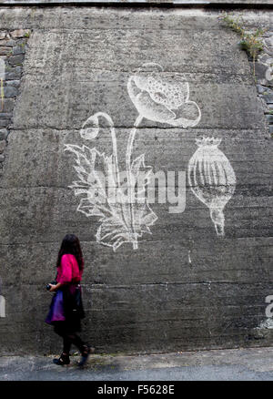 Weiße Graffito von Poppy. Biella, Piemont. Italien Stockfoto