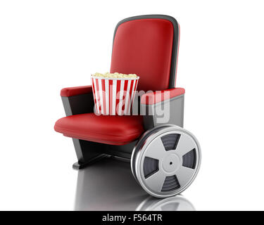 3D Illustration. Filmrolle und Popcorn auf Theater-Sitz. Kinematographie Konzept. Isolierten weißen Hintergrund Stockfoto
