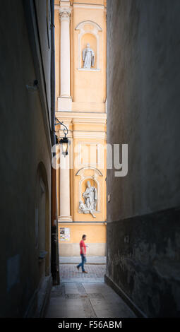 St. Martin Kirche in Warschau, Polen, Europa. Polnische Architektur. Glaube und Religion. Säulen und Statuen auf gelben Fassade. Vie Stockfoto