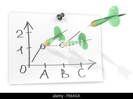 Papier mit Skizze Graph und grüne Dart Pfeile. Ein Pfeil fliegen rund um das Ziel zu treffen. Stockfoto