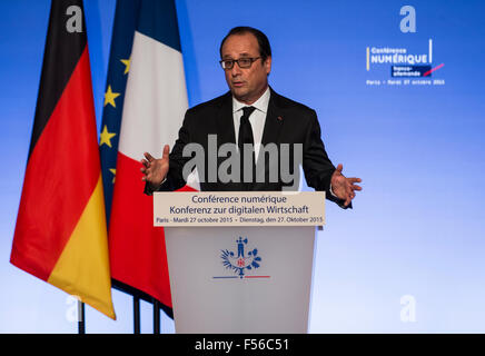 Paris, Frankreich. 27. Oktober 2015. Der französische Präsident Francois Hollande hält eine Rede während der Frankreich-Deutschland digital Conference im Elysée-Palast in Paris, Frankreich, 27. Oktober 2015. © Theo Duval/Xinhua/Alamy Live-Nachrichten Stockfoto