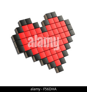 Rote Pixel Herz. 3D Render Abbildung. Isoliert auf weiss Stockfoto