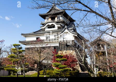 Japan, Inuyama Castle auch bekannt als Hakutei Jo. Main halten, tenshu, auf Steinsockel nozurazumi Stil gebaut. Japanische Gärten vor, blauer Himmel hinter sich. Stockfoto