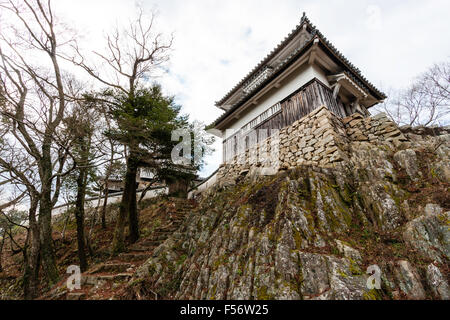 Japan, Takahashi. Bitchu Matsuyama Castle. Die niju Yagura, zwei-Turm, an der Spitze der natürlichen Felsvorsprung mit Steinen Stufen zurück gebaut. Stockfoto