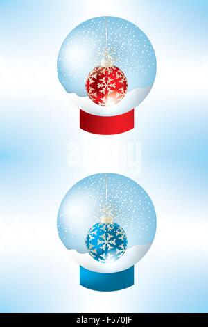 Eingestellt von Schneekugeln mit roten und blauen Kugeln verziert mit goldenen Schneeflocken - Eps 10 Vektoren Stock Vektor
