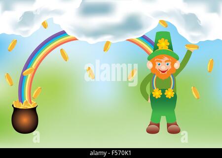 Das Gold der Kobold - ausführliche eps10-Vektor-Illustration mit Topf mit Gold und Regenbogen, Regenbogen, Gnome gold Münzen Stock Vektor