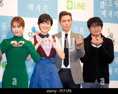 Yoo-Na, Juri Ueno, T.O.P (Big Bang) und Kim Kang-Hyun: 28. Oktober 2015: (L-R) südkoreanische Singaporean Yoo In-Na, japanische Schauspielerin Juri Ueno, südkoreanischer Schauspieler und Sänger T.O.P und südkoreanischen Schauspieler Kim Kang-Hyun darstellen, während ein Presse-Präsentation des neuen Drama, "Secret Message" in Seoul, Südkorea. "Secret Message" ist ein Koreanisch-japanische Web-Drama-Serie die von Anfang November online ausgestrahlt wird. © Lee Jae-Won/AFLO/Alamy Live-Nachrichten Stockfoto