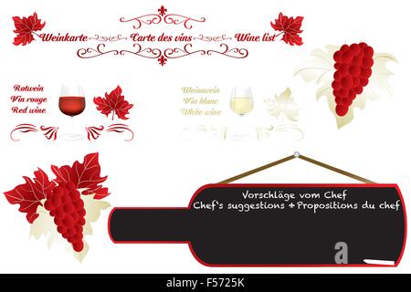 Isolierte kalligraphische Designdetails verschönern eine Weinkarte (in Deutsch, Französisch und Englisch) - eps10-Vektor-illustration Stock Vektor