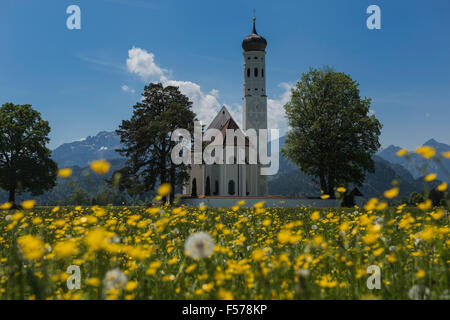 Kirche St. Coloman im Bereich der Frühlingsblumen, Schwangau, Bayern, Deutschland Stockfoto