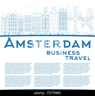 Umriss Amsterdam City Skyline mit blauen Gebäuden und Textfreiraum. Vektor-Illustration. Business-Reisen und Tourismus-Konzept Stock Vektor