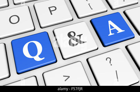 Frage und Antwort Tastatur-Konzept mit Q & ein Zeichen und Buchstaben auf Computer blue Tasten für Webseite Faqs und Online-Geschäft. Stockfoto