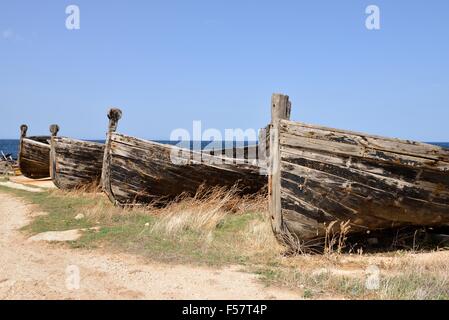 Alten Thunfisch Angeln Baots, Tonnara di Bonagia, Valderice, Provinz Trapani, Sizilien, Italien Stockfoto