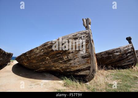 Alten Thunfisch Angeln Baots, Tonnara di Bonagia, Valderice, Provinz Trapani, Sizilien, Italien Stockfoto