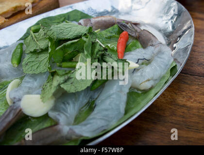 Auster-Ei-Zwiebel-Gericht Thailand Straße Mahlzeit Babyküche Platte gebraten leckere grüne chinesische rote gelbe Meeresfrüchte Geschmack Kultur Stockfoto