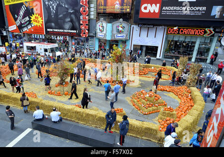 New York, USA. 29. Oktober 2015. Ein Pop-up-Kürbisbeet ist für Halloween am Times Square als Promotion für die App Google Fotos, in New York, USA, 29. Oktober 2015 eingerichtet. Besucher können wählen aus Tonnen von kostenlosen Kürbisse und genießen Sie live-Kürbis-Schnitzereien. © Wang Lei/Xinhua/Alamy Live-Nachrichten Stockfoto