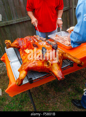 Ein dramatisch knusprig gebratene Schwein auf einem Gestell im Freien, nur von der traditionellen kubanischen Stil oberirdisch Box Kochen entfernt Stockfoto