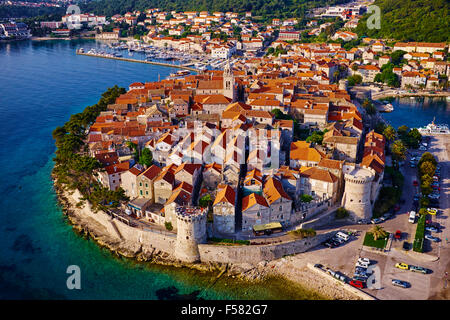 Kroatien, Dalmatien, Insel Korcula, Korcula Stadt, Luftaufnahme Stockfoto