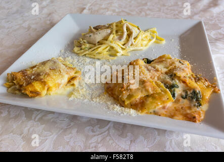Abgebildeten drei typische italienische Gerichte, Lasagne, Crepes mit Aspagi und Nudeln mit Sahne und Pilzen, serviert in einer weißen Schale. Stockfoto