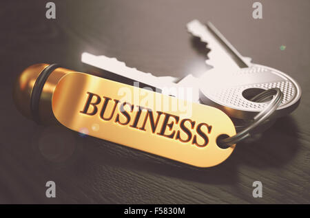 Business-Konzept. Tasten mit goldenen Schlüsselanhänger auf schwarzer Holztisch. Nahaufnahme, Tiefenschärfe, 3D Rendering. Getönten Image. Stockfoto