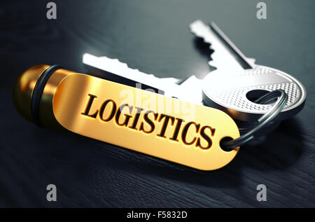 Logistik - Schlüsselbund mit Text auf goldenen Schlüsselanhänger. Schwarzem Holz. Detailansicht mit selektiven Fokus. 3D Interessenvertreter Stockfoto