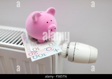 Sparschwein mit polnischen Geld auf Heizkörper. Energiesparkonzept. Stockfoto