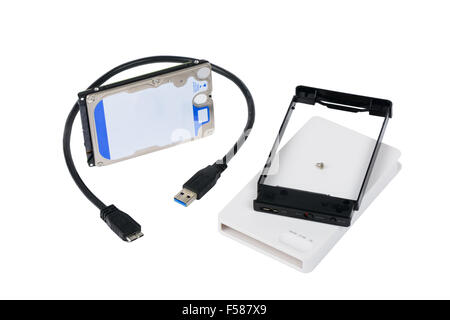 components of External Enclosure case and 2.5 inch Hard Disk Drive, isolated on white Stockfoto