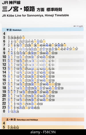 Osaka Station Stadt. Japanische Bahn Fahrplan Vorzeichen für Züge mit der Osaka Himeji Über Sannomiya und Kobe, Route auf der Kobe. Stockfoto