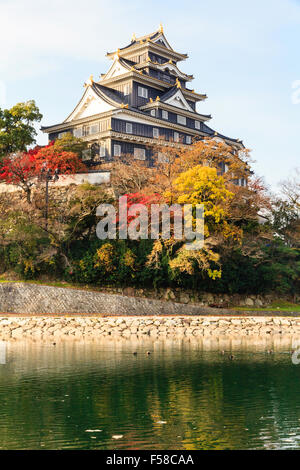 Japan, Okayama Castle, wie die Krähe Schloss bekannt. Schwarz halten bis Herbst Laub mit der Asahi Fluss im Vordergrund umgeben. Und blauer Himmel. Stockfoto