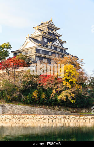 Japan, Okayama Castle, wie die Krähe Schloss bekannt. Schwarz halten bis Herbst Laub mit der Asahi Fluss im Vordergrund umgeben. Und blauer Himmel. Stockfoto