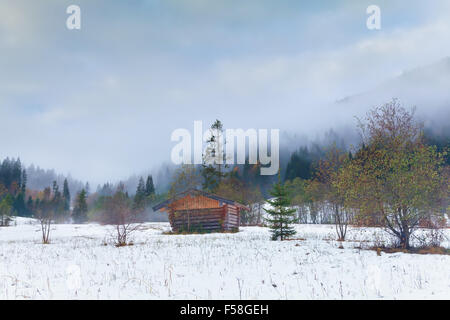 Holzhütte auf Schnee in den Alpen, Deutschland Stockfoto