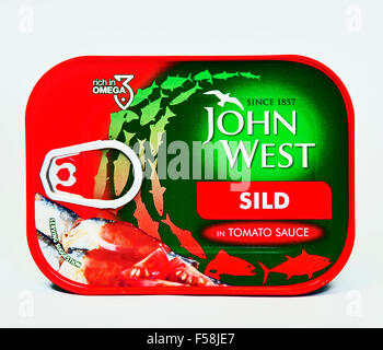 Dose mit John West Sild in Tomatensauce. Stockfoto