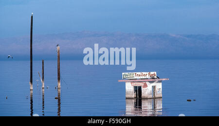 Verlassene Gebäude und Geschäfte waren häufig in den 1970er Jahren als Wasser aus unerwarteten Tropenstürme the Salton Sea und der Küstenlinie Gemeinschaften um ihn herum in Süd-Kalifornien, USA überschwemmte. Einst begann größte See des Landes, the Salton Sea in den frühen 2000er Jahren durch eine anhaltende Dürre und Umleitung des Wassers Belieferung der Gemeinden in San Diego County austrocknen. Der flache See ebbt ab, seine exponierte unten wendet sich an giftigen Staub in ariden Klima der Gegend und führt zu Erkrankungen der Atemwege für die Bewohner in der Nähe. Stockfoto