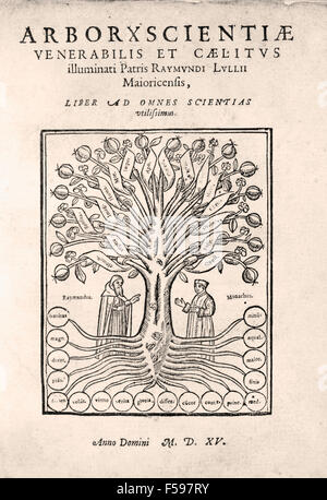 Titelseite einer 1505-Ausgabe von The Tree of Science (aka Arbre De La Ciència oder Arbor Scientiae oder Arborxscientiae), geschrieben von mallorquinischen Philosoph Ramon Llull ca. 1295. Llull lebte von 1232 bis ca. 1315. Stockfoto