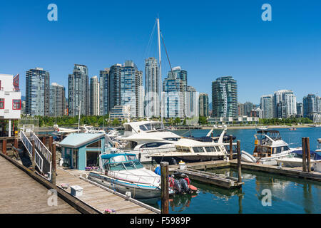 Vergnügungsboote, die in der Pelican Bay Marina, Granville Island, mit Skyline auf der anderen Seite von False Creek, Vancouver, Kanada, festgemacht sind Stockfoto