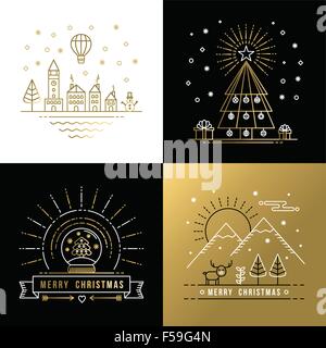 Frohe Weihnachten golden Umriss Label set mit Winter-Stadt, Xmas Tree, Schneekugel und Rentier-Elemente. Ideal für Urlaub Stock Vektor