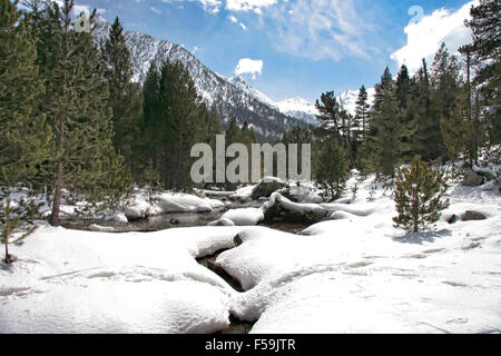 Verschneite Flusslandschaft in einer Route des Trekkings durch Aigüestortes ich Estany de Sant Maurici Nationalpark, einer der vierzehn spanisc Stockfoto