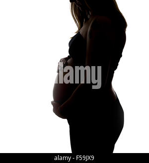 Die süßen Erwartung von einer schwangeren auf weißem Hintergrund. Stockfoto