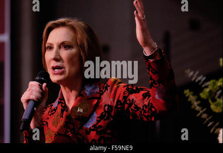 Orange City, Iowa, USA. 30. Oktober 2015. Republikanische Präsidentschaftskandidat spricht CARLY FIORINA bei einer sechs-County-Northwest Iowa GOP-Kundgebung am Northwestern College Bultman Center, wie er in Orange City, Iowa Freitag, 30. Oktober 2015 Kampagnen. Bildnachweis: Jerry Mennenga/ZUMA Draht/Alamy Live-Nachrichten Stockfoto