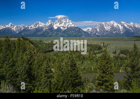 Der Grand Teton Bergkette aus dem Snake River überblicken in Grand Teton Nationalpark, Wyoming, USA. Stockfoto