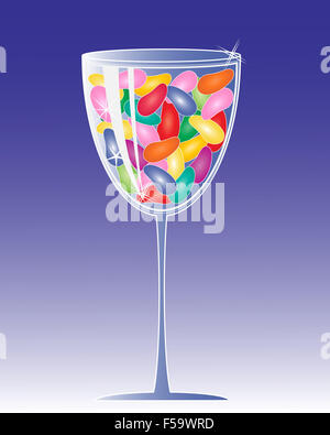 eine Abbildung eines Kristalls trinkt Glas voll von bunten Gummibärchen mit weißen funkelt auf lila Hintergrund Stockfoto