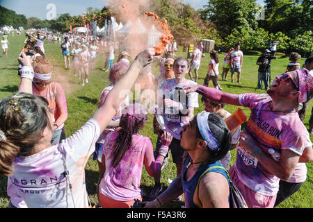 Bangkok, Thailand. 31. Oktober 2015. Teilnehmer der Farbe führen Sie Bangkok werfen farbige Pulvern zueinander im Suan Rod Fai Park in Bangkok, Thailand, am 31. Oktober 2015. Die Color-Run ist ein 5km öffentlichen Farbe-Rennen, die ihren in den USA im Jahr 2011 Ursprung. In einem typischen Color Run Rennen landet Teilnehmer abgedeckt in einer Mischung aus farbigen Pulvern aus Maisstärke hergestellt. Bildnachweis: Li Mangmang/Xinhua/Alamy Live-Nachrichten Stockfoto