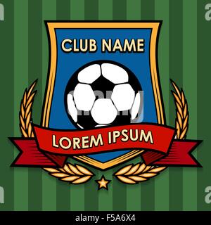 Modernen Fußball oder Fußball Schild Emblem mit Olivenzweigen und Band. Bunte Illustration. Kostenlose Schriftart verwendet. Stock Vektor