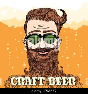 Hipster-Kopf mit großen Bart mit Schriftzug Craft Beer gegen Bierschaum und Luftblasen. Bunte Illustration im retro-Stil. Stock Vektor