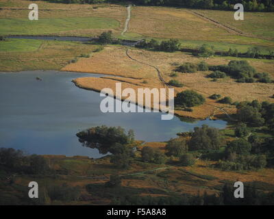 Luftaufnahme des südlichen Ende des Derwentwater an der Kreuzung mit Borrowdale Seenplatte UK Stockfoto