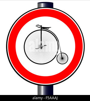 Eine große runde rote Verkehrsschild Penny Farthing Fahrrad anzeigen Stockfoto