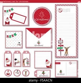 Briefpapier set Frohe Weihnachten mit Santaclaus, Rentier, Schneemann und Streifen rot-weiß-frame Stock Vektor