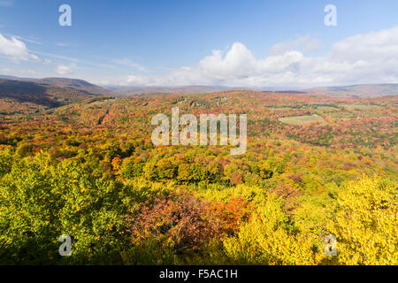 Peak Herbstfarben auf Bürste Kamm und Fleischmann Berg und Tal gesehen von einem Felsvorsprung auf Monka Hügel in den Catskills Mo Stockfoto