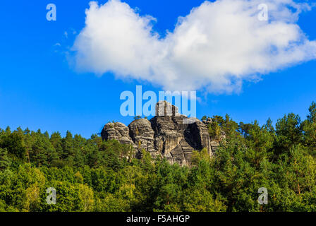 Panorama mit typischen Rock Zinnen an Bastei in Rathen, Sächsische Schweiz Stockfoto