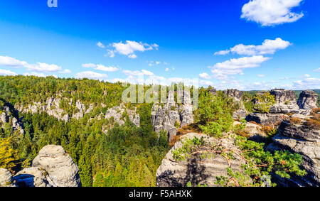 Panorama mit typischen Rock Zinnen an Bastei in Rathen, Sächsische Schweiz Stockfoto