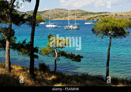 Freizeitboote verankert im Natur Park Telascica, einer natürlichen Bucht in Dugi Otok, Zadar County, Kroatien Stockfoto